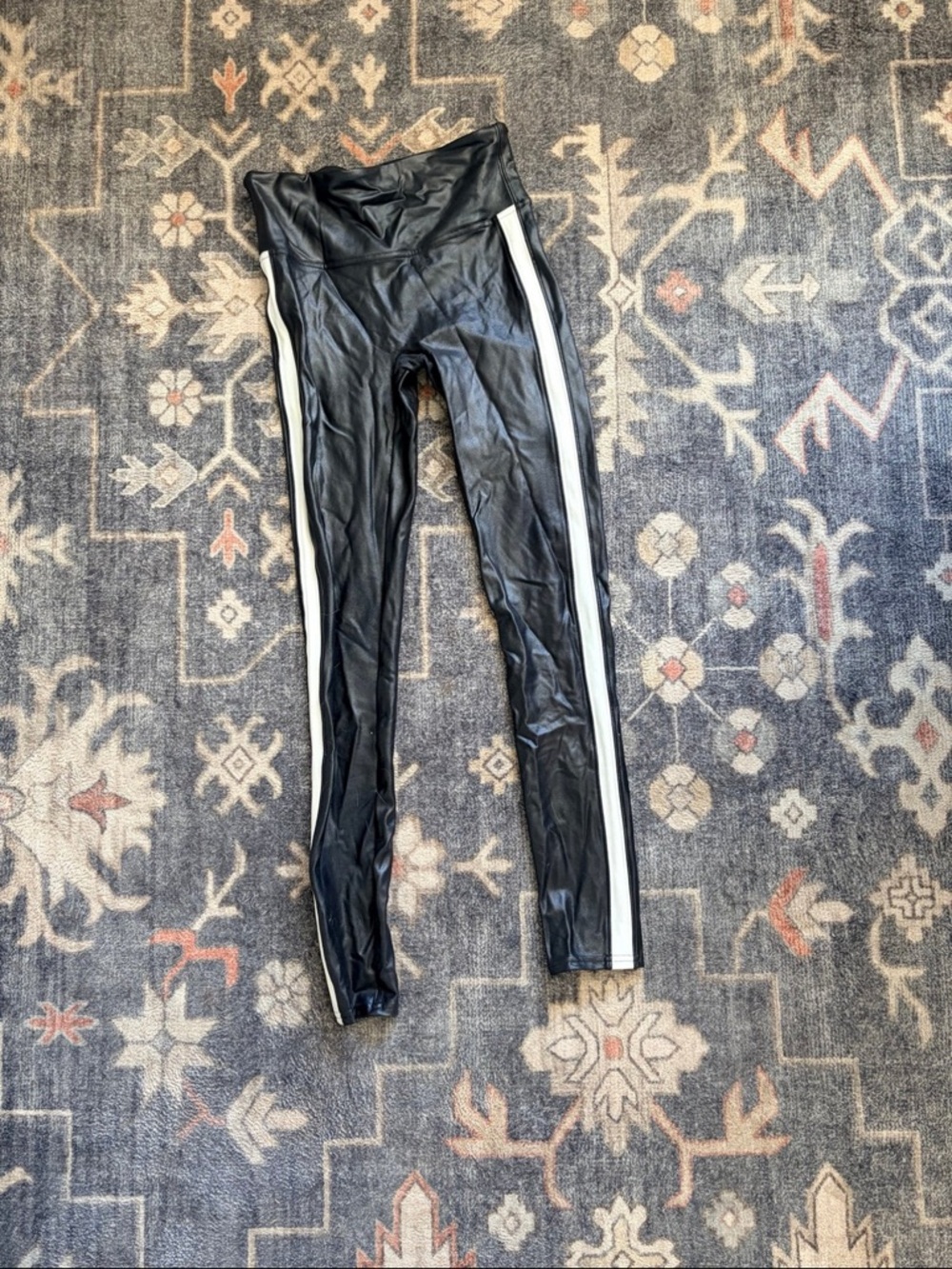 SKIMS Black Faux Leather Leggings with White Side Stripes